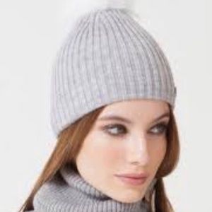 - Knitted Beanie Hat with Faux Fur Pom - New